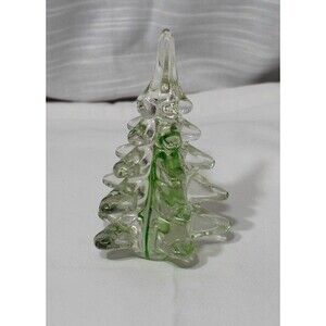Vintage Clear Art Glass Christmas Tree w/ Green Swirl Ribbon 5.5″ Figurine